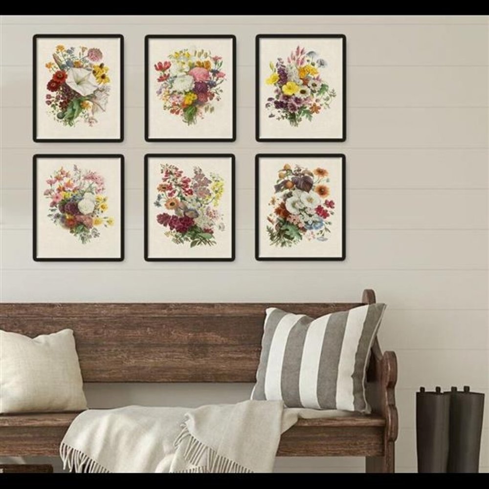 Vintage French Botanical Boquet Print Set Flower Floral Wall Art Prints Set of 6